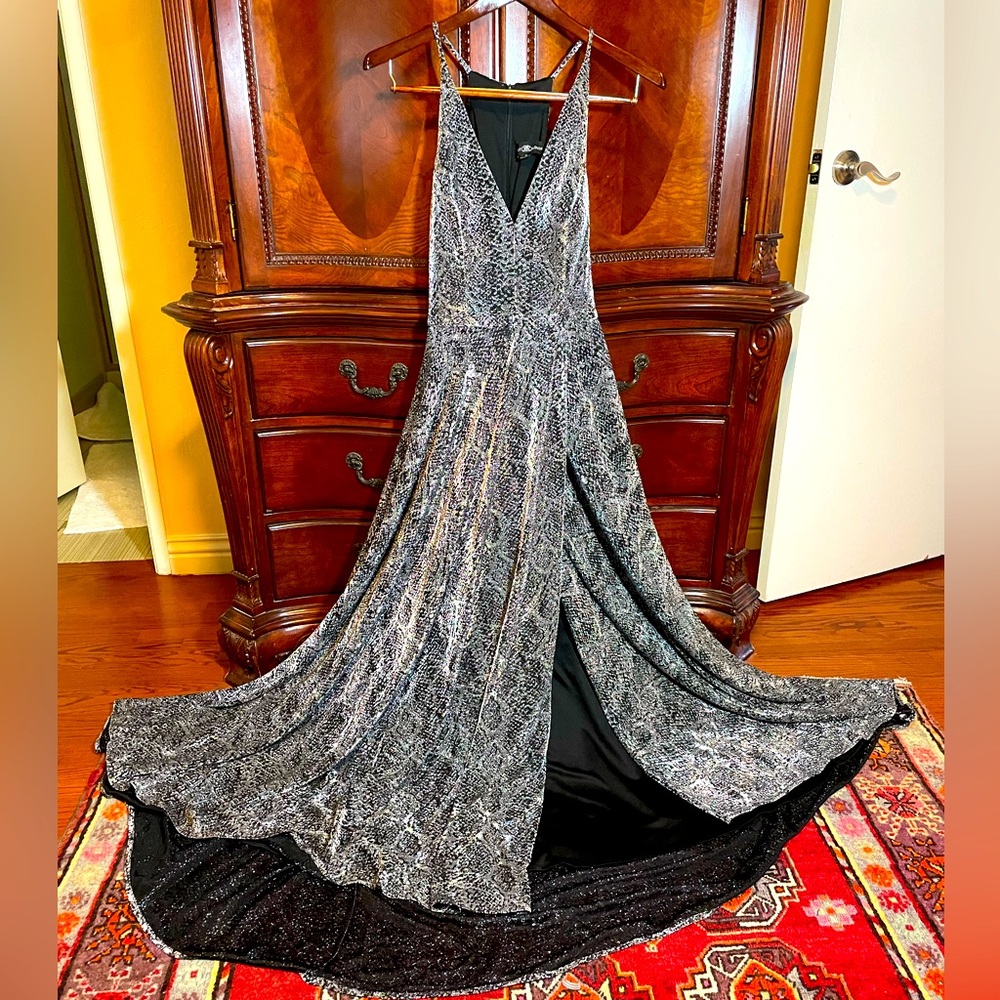 STUNNING silver floor-length GOWN with a slit!